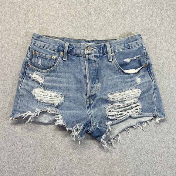 Levi’s 501 Women’s Denim Shorts W29 Medium Wash Button Fly Distressed Cut Off - Picture 1 of 16